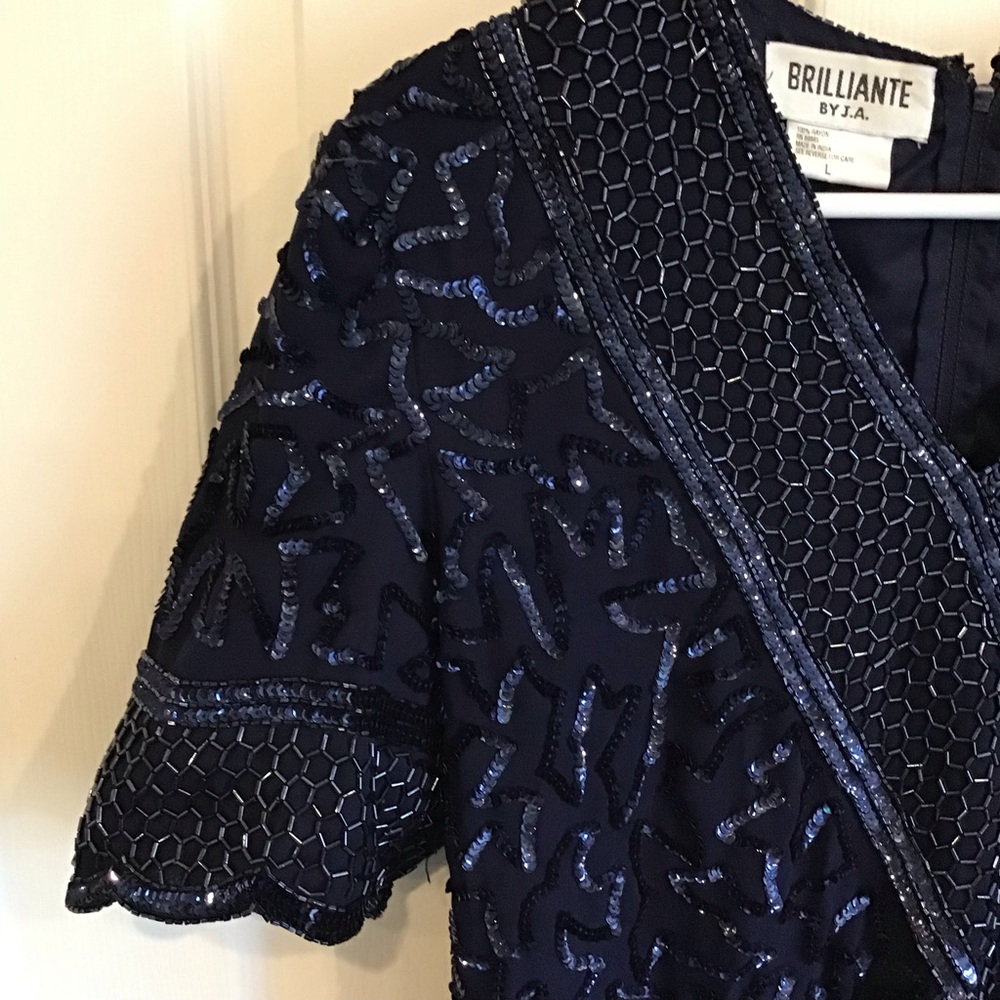 Evening beaded, sequined navy blue dress, size L